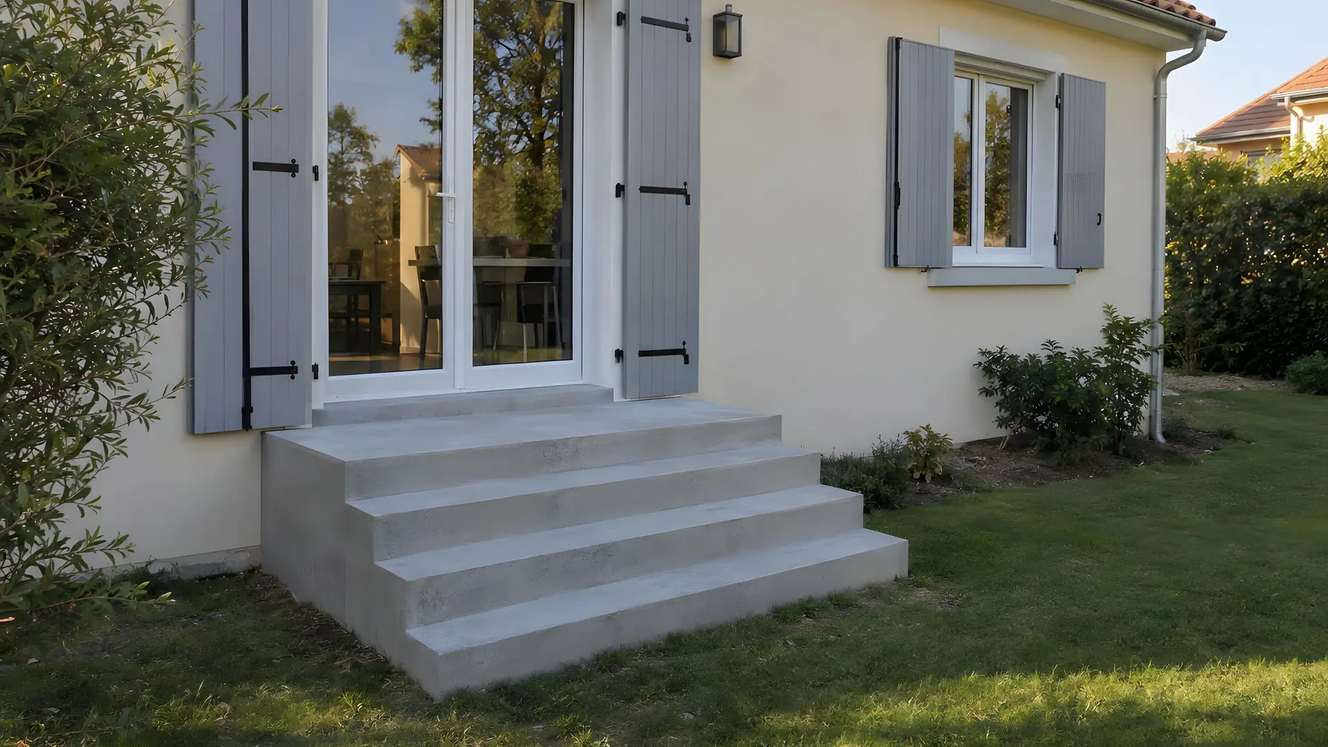 Perron de quatre marches en béton devant une porte-fenêtre, au bord d'une pelouse